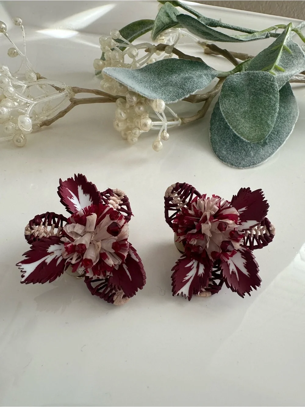 Oscar de la Renta Tropical Flower Earrings Burgundy Red Clip On